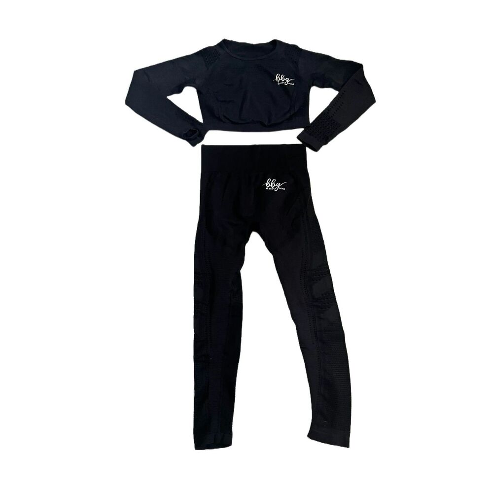 BBG Black Seamless Crop Top & Leggings Set - Size Large